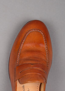 Alberto Fasciani Vulcano penny loafer shoe in brown cognac leather with leather sole for men