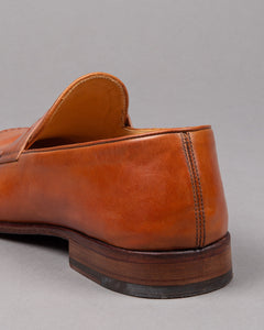 Alberto Fasciani Vulcano penny loafer shoe in brown cognac leather with leather sole for men